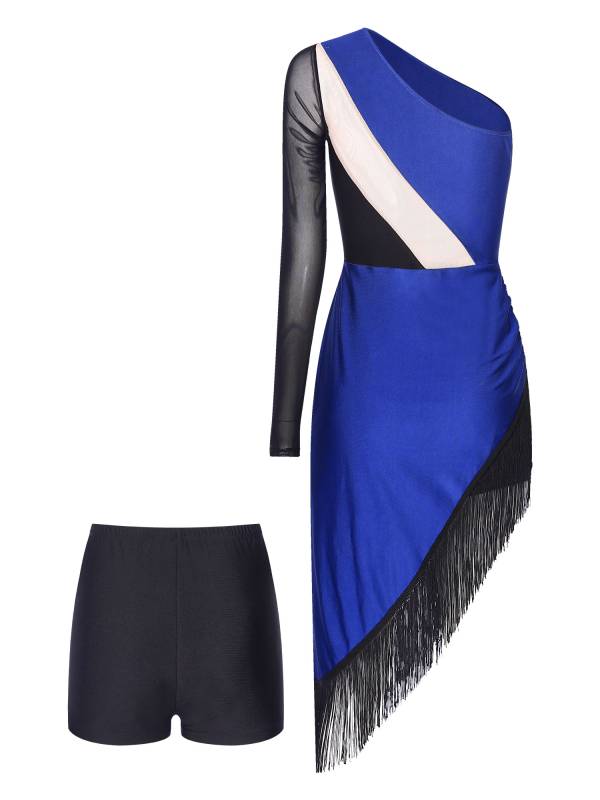 Women Rhinestones Asymmetrical Tassel Latin Dance Dress with Shorts thumb
