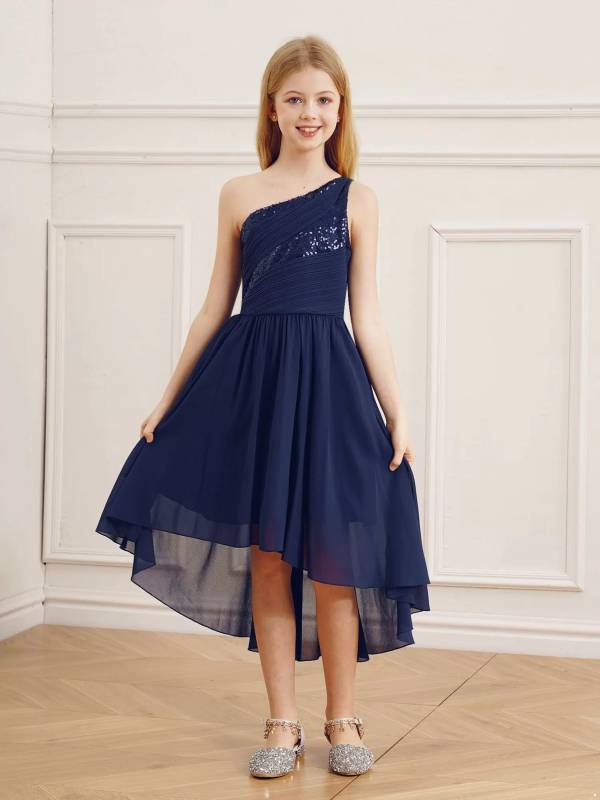 Kids Girls Sequin One Shoulder High-Low Flower Girl Dress thumb