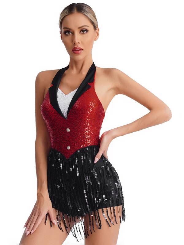 Women Sequins Sleeveless Tassel Latin Jazz Dance Leotard thumb