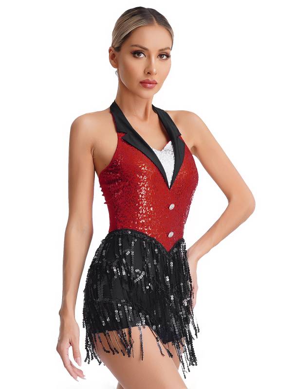 Women Sequins Sleeveless Tassel Latin Jazz Dance Leotard thumb