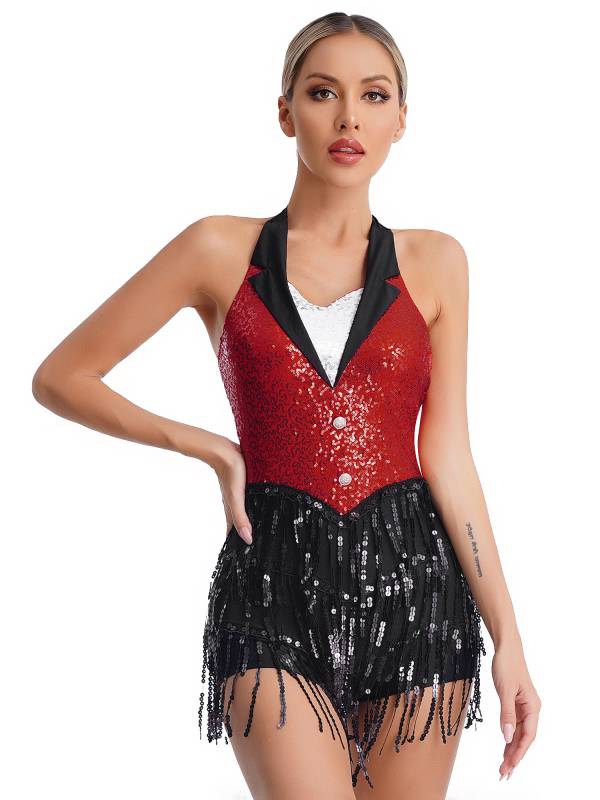 Women Sequins Sleeveless Tassel Latin Jazz Dance Leotard thumb