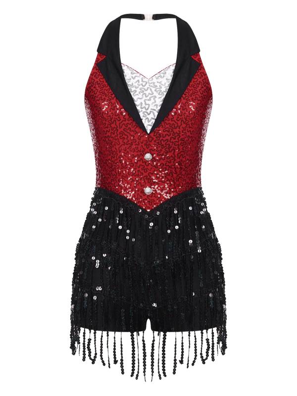 Women Sequins Sleeveless Tassel Latin Jazz Dance Leotard thumb