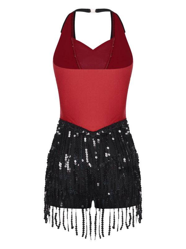 Women Sequins Sleeveless Tassel Latin Jazz Dance Leotard thumb