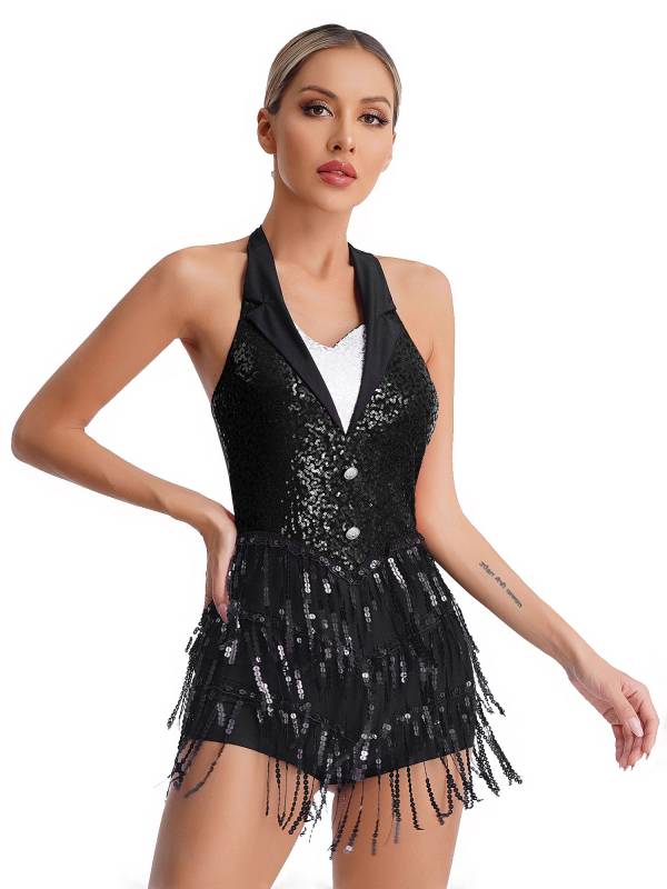 Women Sequins Sleeveless Tassel Latin Jazz Dance Leotard thumb