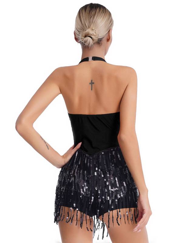 Women Sequins Sleeveless Tassel Latin Jazz Dance Leotard thumb