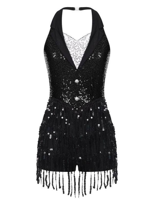 Women Sequins Sleeveless Tassel Latin Jazz Dance Leotard thumb