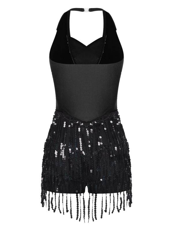 Women Sequins Sleeveless Tassel Latin Jazz Dance Leotard thumb