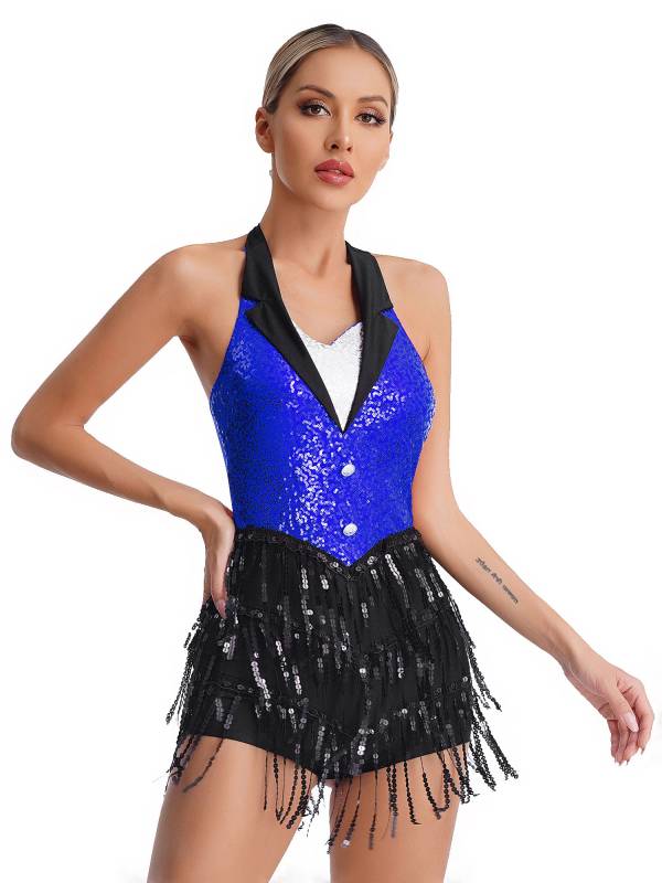 Women Sequins Sleeveless Tassel Latin Jazz Dance Leotard thumb