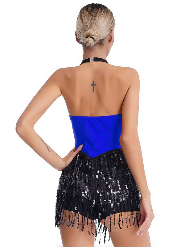 Women Sequins Sleeveless Tassel Latin Jazz Dance Leotard thumb