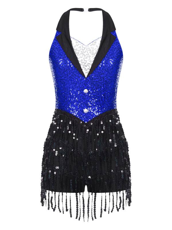 Women Sequins Sleeveless Tassel Latin Jazz Dance Leotard thumb