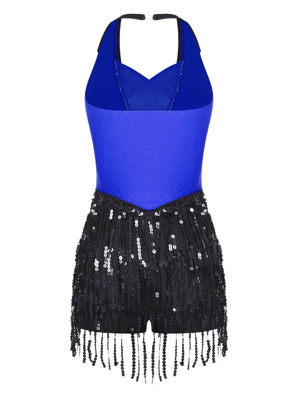 Women Sequins Sleeveless Tassel Latin Jazz Dance Leotard thumb