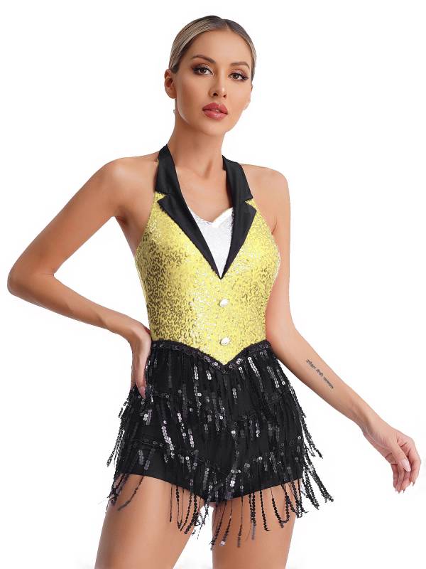 Women Sequins Sleeveless Tassel Latin Jazz Dance Leotard thumb
