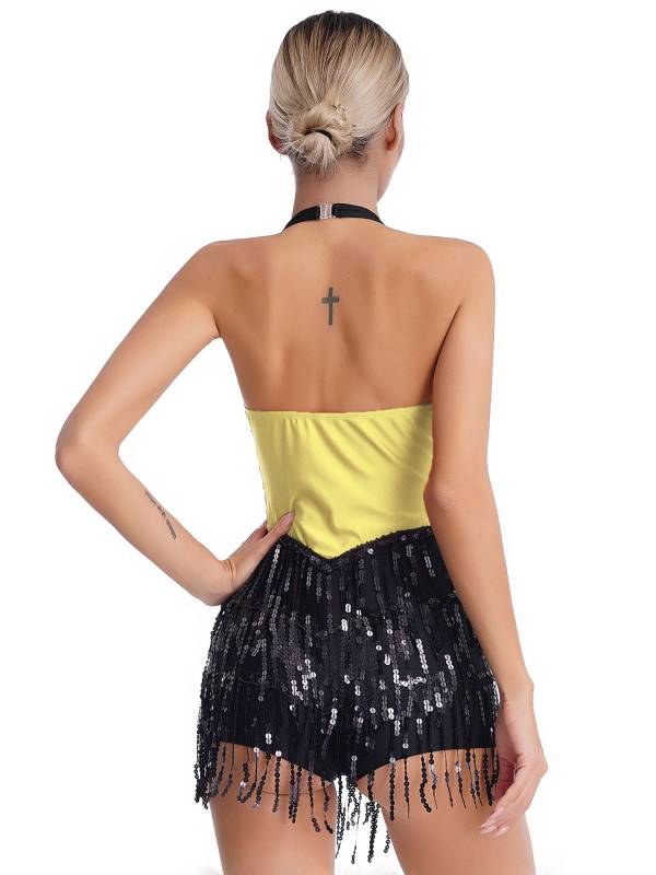 Women Sequins Sleeveless Tassel Latin Jazz Dance Leotard thumb