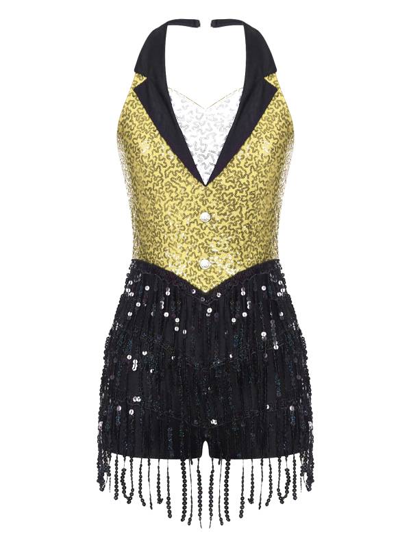 Women Sequins Sleeveless Tassel Latin Jazz Dance Leotard thumb