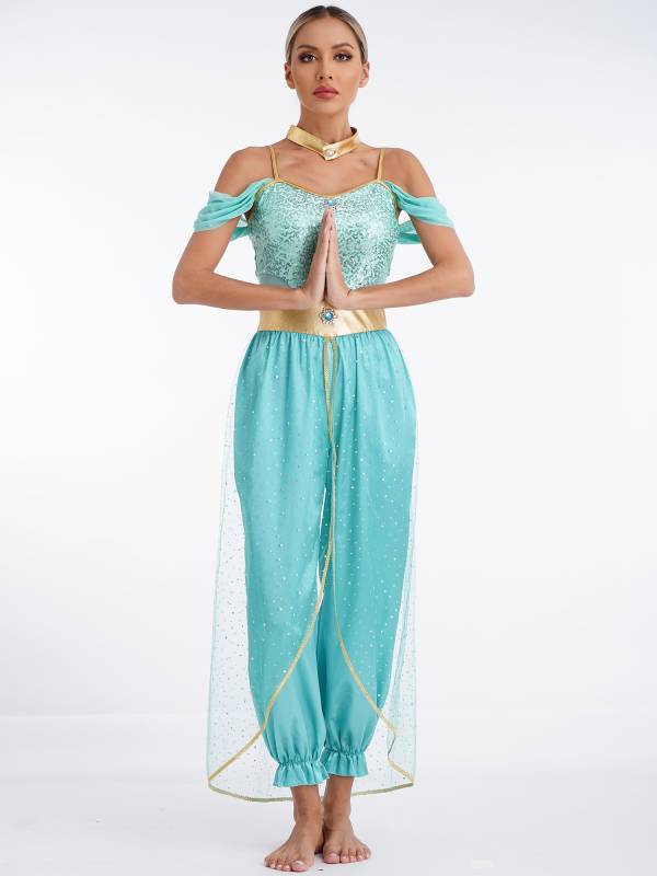 Women Belly Dance Sequin Jumpsuit Arabian Princess Costumes thumb