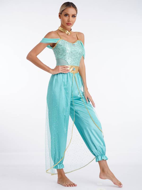 Women Belly Dance Sequin Jumpsuit Arabian Princess Costumes thumb