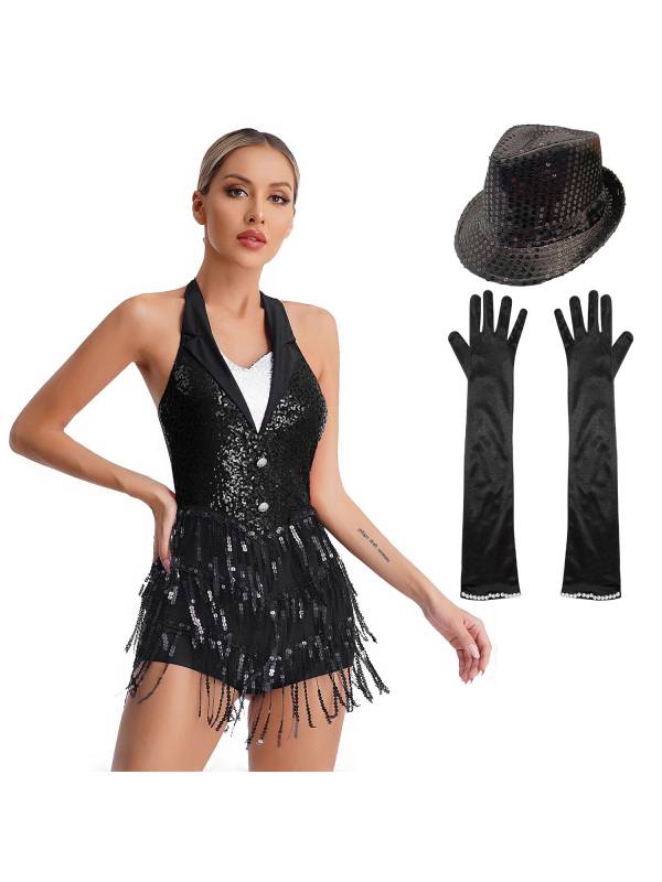 Women Halter Backless Sequins Tassel Jazz Leotard with Gloves Hat thumb