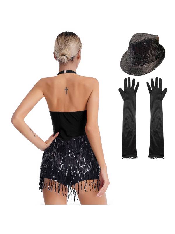 Women Halter Backless Sequins Tassel Jazz Leotard with Gloves Hat thumb