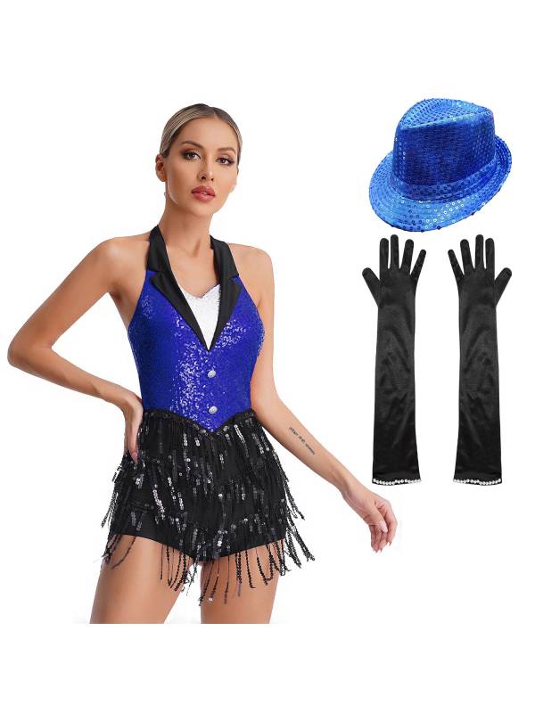 Women Halter Backless Sequins Tassel Jazz Leotard with Gloves Hat thumb