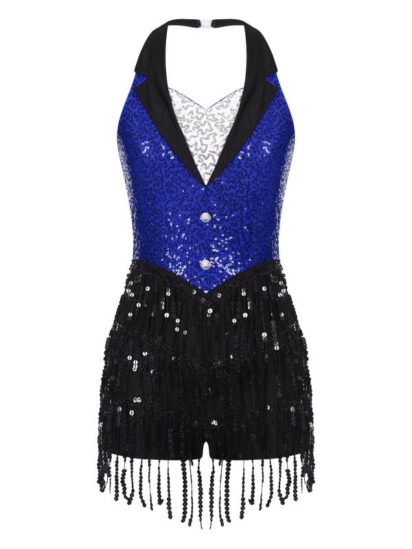 Women Halter Backless Sequins Tassel Jazz Leotard with Gloves Hat thumb