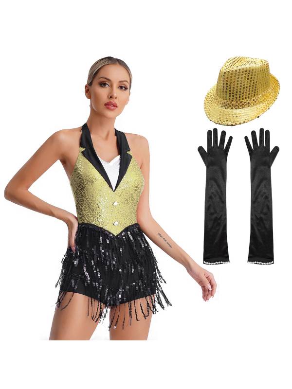 Women Halter Backless Sequins Tassel Jazz Leotard with Gloves Hat thumb