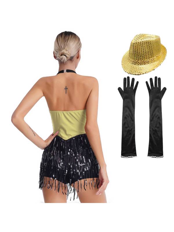 Women Halter Backless Sequins Tassel Jazz Leotard with Gloves Hat thumb