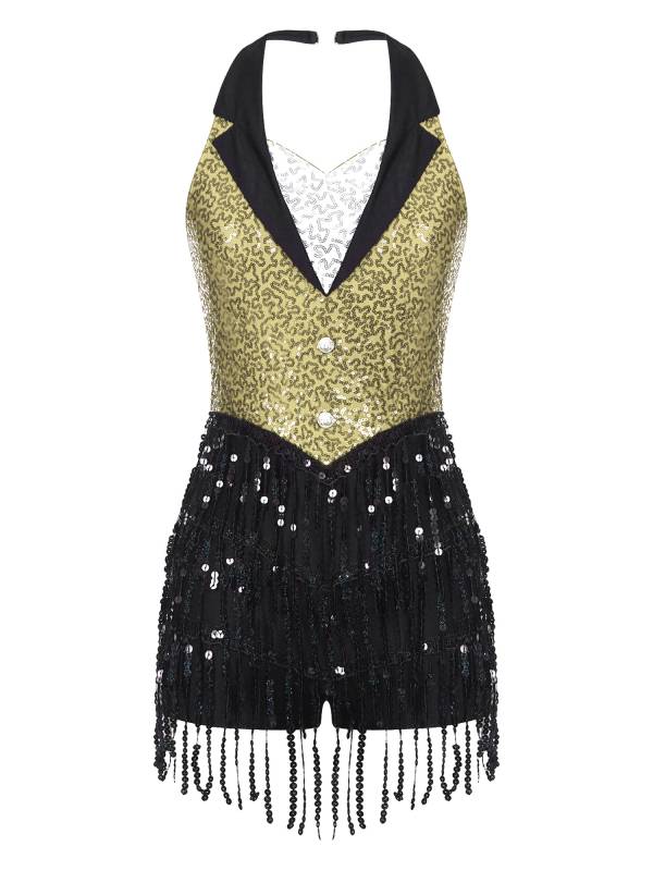 Women Halter Backless Sequins Tassel Jazz Leotard with Gloves Hat thumb