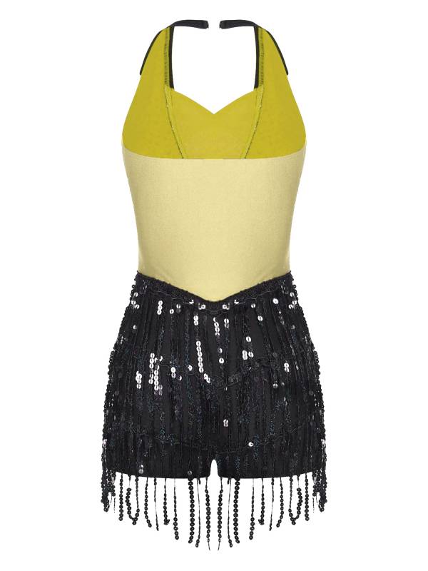Women Halter Backless Sequins Tassel Jazz Leotard with Gloves Hat thumb