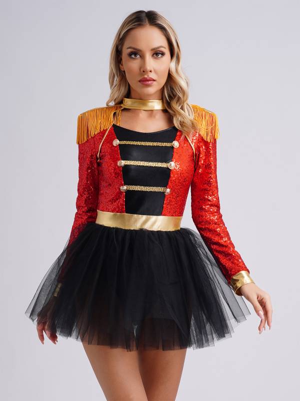 Women Long Sleeve Tassel Sequin Circus Ringmaster Tutu Dress thumb