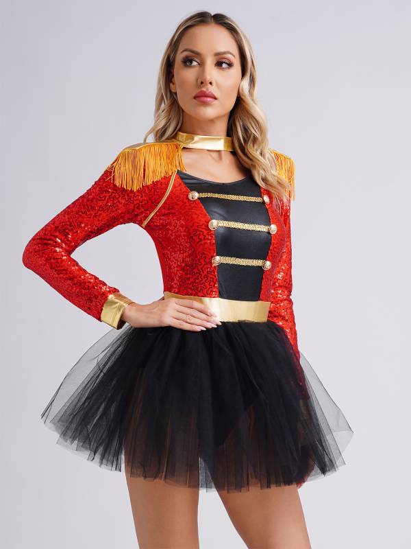 Women Long Sleeve Tassel Sequin Circus Ringmaster Tutu Dress thumb