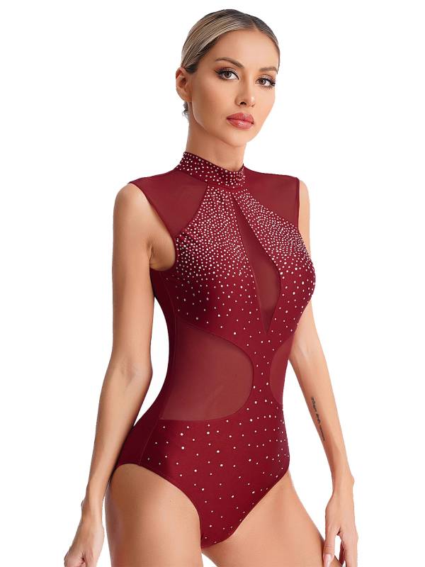 Women Sparkly Rhinestones Sleeveless Cutout Back Figure Skating Leotard thumb