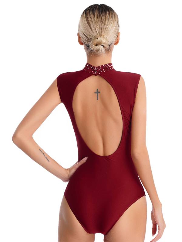 Women Sparkly Rhinestones Sleeveless Cutout Back Figure Skating Leotard thumb