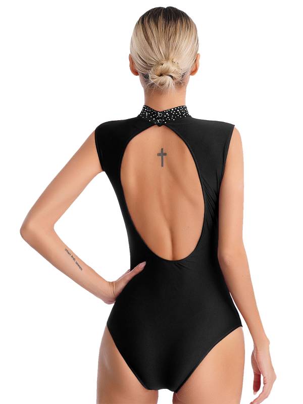 Women Sparkly Rhinestones Sleeveless Cutout Back Figure Skating Leotard thumb