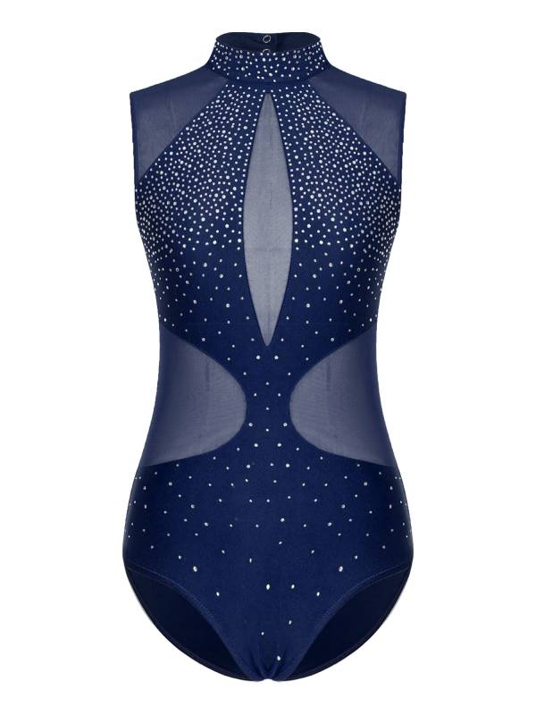 Women Sparkly Rhinestones Sleeveless Cutout Back Figure Skating Leotard thumb