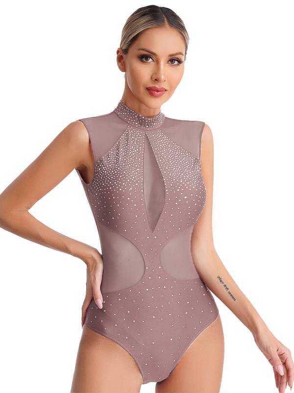 Women Sparkly Rhinestones Sleeveless Cutout Back Figure Skating Leotard thumb
