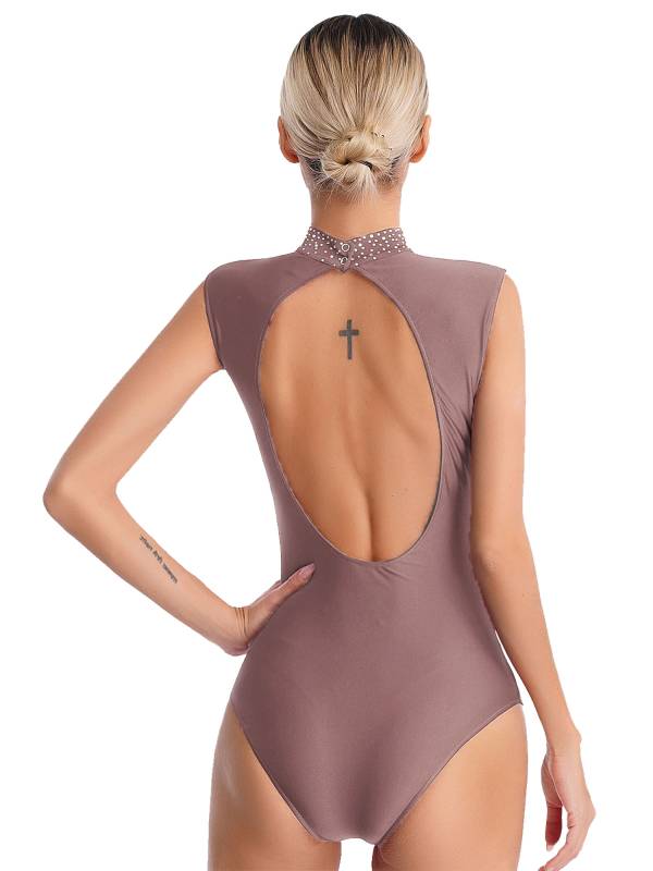 Women Sparkly Rhinestones Sleeveless Cutout Back Figure Skating Leotard thumb