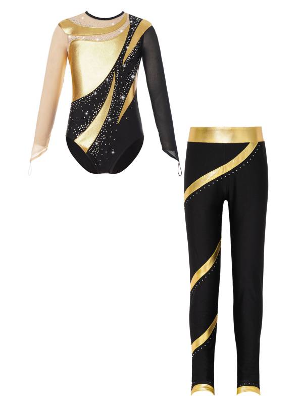 Kids Girls 2pcs Long Sleeve Metallic Leotard and Pants Set for Skating Gymnastic thumb
