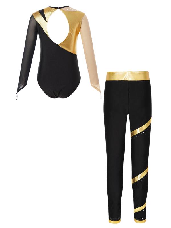 Kids Girls 2pcs Long Sleeve Metallic Leotard and Pants Set for Skating Gymnastic thumb