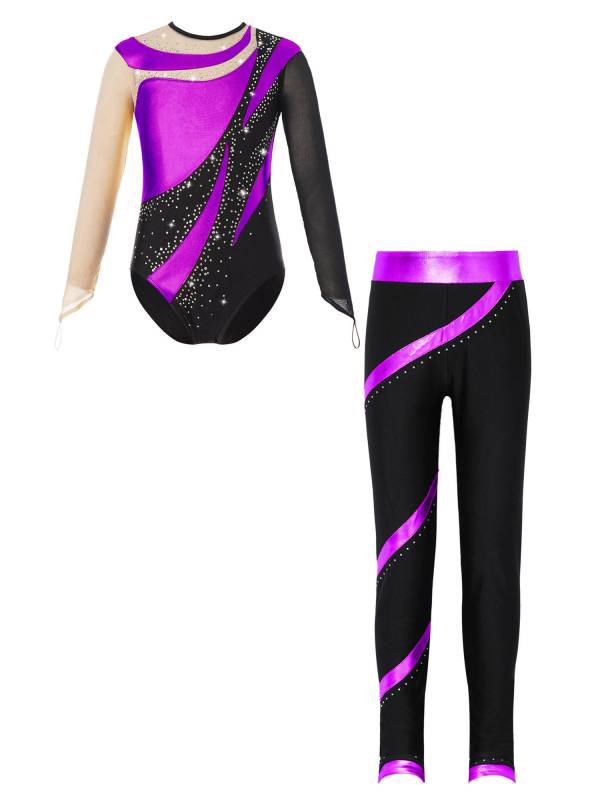 Kids Girls 2pcs Long Sleeve Metallic Leotard and Pants Set for Skating Gymnastic thumb