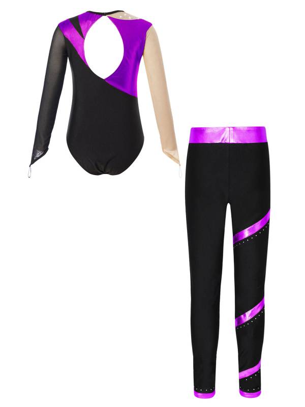 Kids Girls 2pcs Long Sleeve Metallic Leotard and Pants Set for Skating Gymnastic thumb