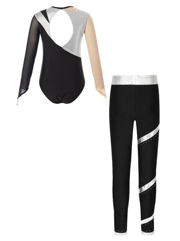 Kids Girls 2pcs Long Sleeve Metallic Leotard and Pants Set for Skating Gymnastic thumb