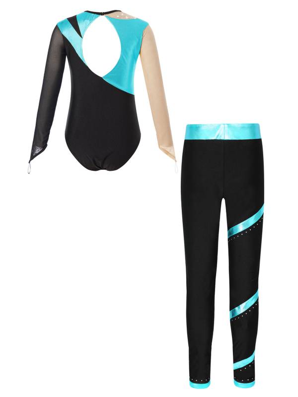 Kids Girls 2pcs Long Sleeve Metallic Leotard and Pants Set for Skating Gymnastic thumb