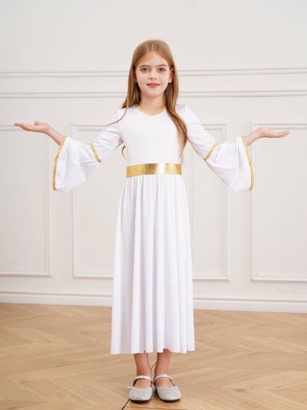 Kids Girls Long Sleeve Gold Trim Angel Cosplay Costume Midi Dress thumb