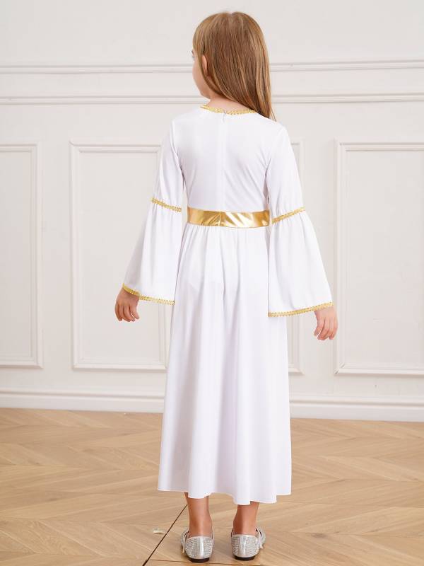 Kids Girls Long Sleeve Gold Trim Angel Cosplay Costume Midi Dress thumb