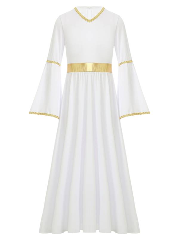 Kids Girls Long Sleeve Gold Trim Angel Cosplay Costume Midi Dress thumb