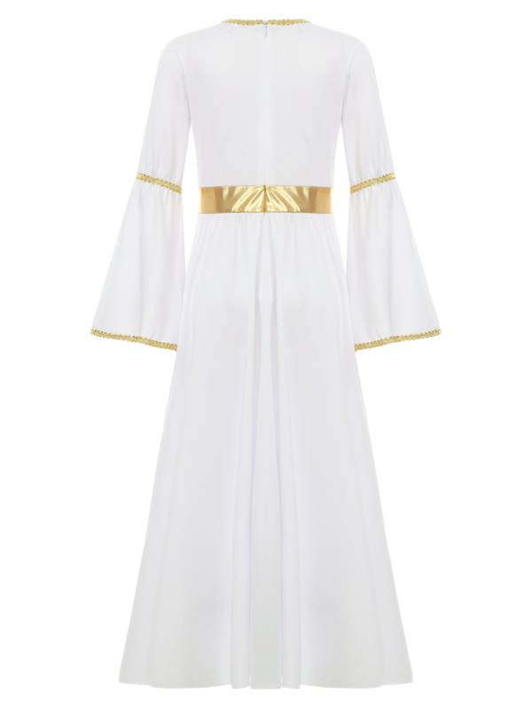 Kids Girls Long Sleeve Gold Trim Angel Cosplay Costume Midi Dress thumb