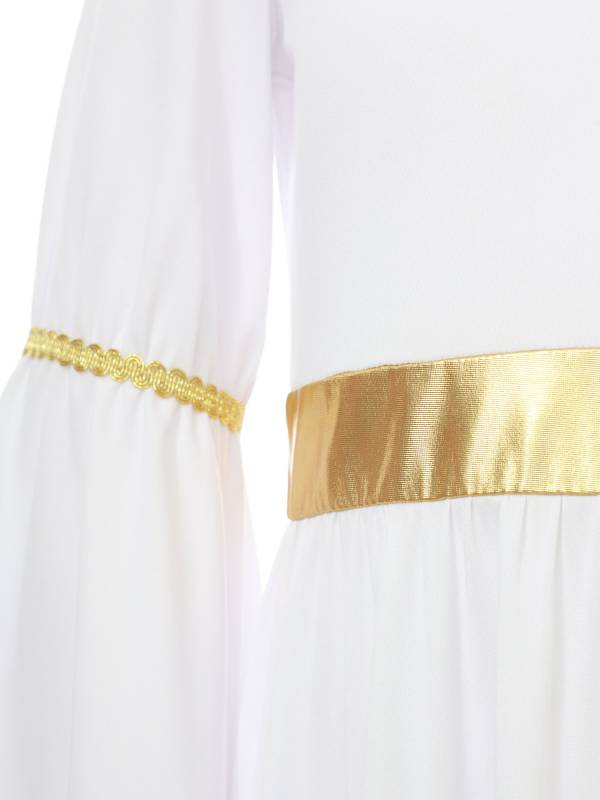 Kids Girls Long Sleeve Gold Trim Angel Cosplay Costume Midi Dress thumb