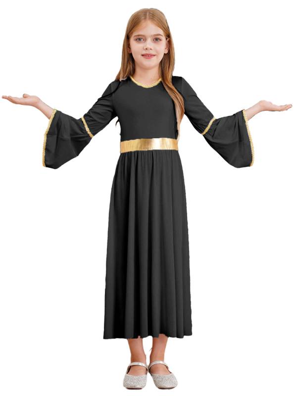 Kids Girls Long Sleeve Gold Trim Angel Cosplay Costume Midi Dress thumb