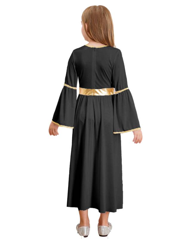Kids Girls Long Sleeve Gold Trim Angel Cosplay Costume Midi Dress thumb