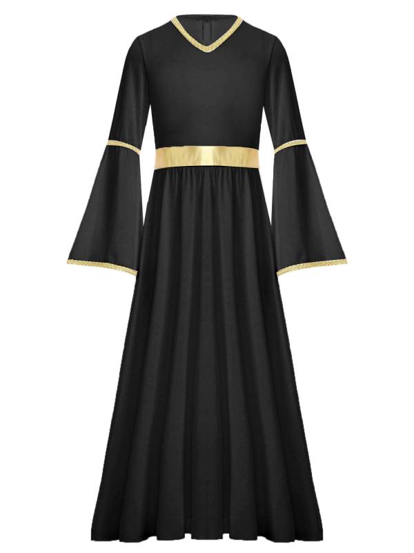 Kids Girls Long Sleeve Gold Trim Angel Cosplay Costume Midi Dress thumb